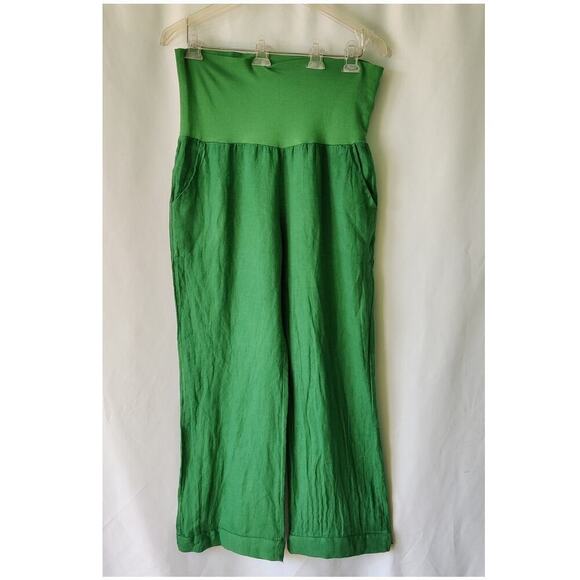 Italian Linen Maternity Pants Pockets Kelly Green Size M Elastic Waist - Picture 2 of 7